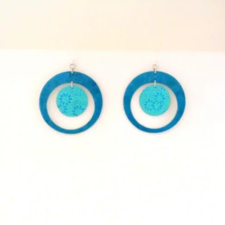 Boucles d'oreille en carton - Grande créole plus 1 - Bleu turquoise/Bleu fleuri - Argent 925