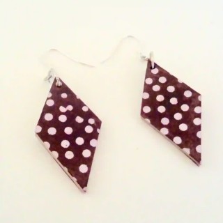 Boucles d'oreille en carton - Losange - Marron à pois blancs - Argent 925