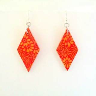 Boucles d'oreille en carton - Losange - Orange Fleurs - Argent 925