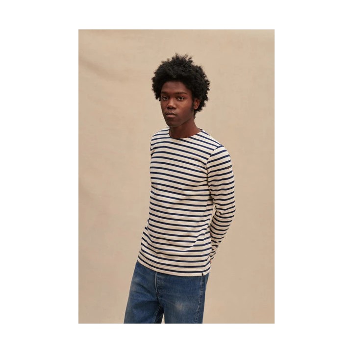 Marinière en coton épais écru et bleu marine pour homme