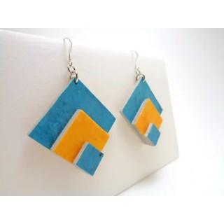 Boucles d'oreille en carton - grand losange - Bleu/Jaune - Argent 925