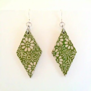 Boucles d'oreille en carton - Losange - Vert Fleurs - Argent 925