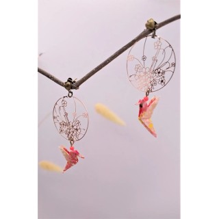Boucles d’oreilles Origami – Colombe et fleurs 花
