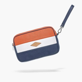 Pouch in grained leather orange/white/navy blue