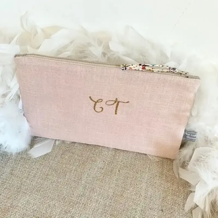 Trousse personnalisable en lin rose poudré