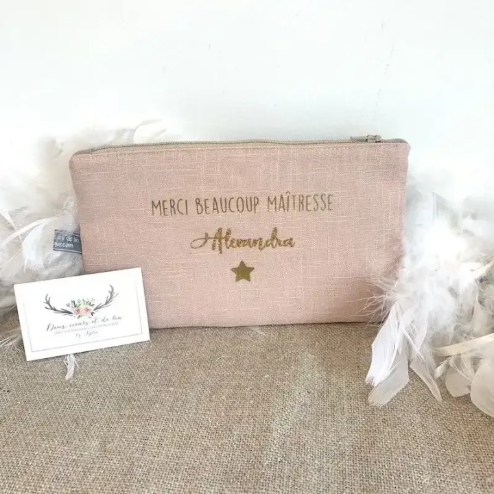 Trousse personnalisable en lin rose poudré