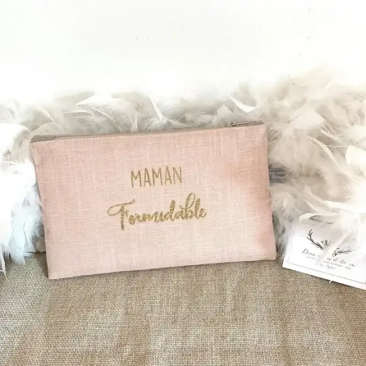 Trousse personnalisable en lin rose poudré