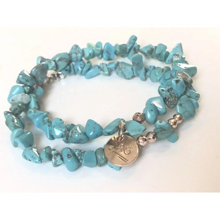 Bracelet double tour, turquoise et hématite