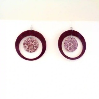 Boucles d'oreille en carton - Grandes créoles plus une - Bordeaux/Fleurs bordeaux - Argent 925