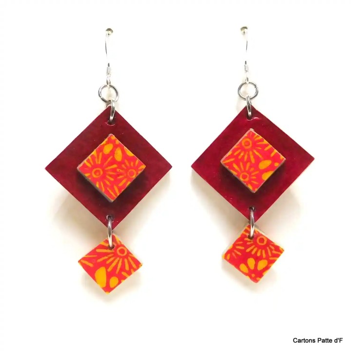 Boucles d'oreille en carton - Classiques - Rouge carmin/ Orange à fleurs - Argent 925
