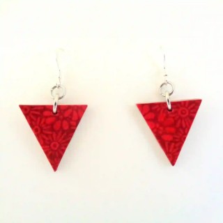 Boucles d'oreille en carton - Petit triangle - Rouge fleuri - Argent 925