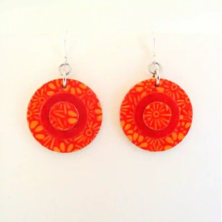 Boucles d'oreille en carton - Petites rondes X3 - Fleurs orange/Rouge - Argent 925