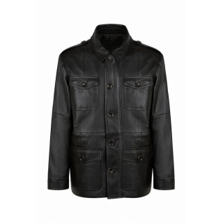 VESTE EN CUIR TYPE SAHARIENNE PREVOST WAXY