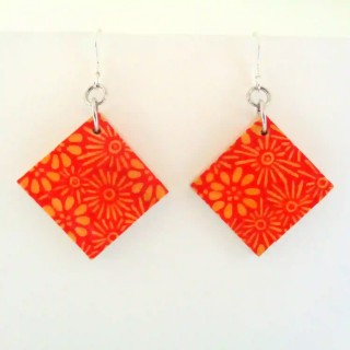 Boucles d'oreille en carton - Petit carré - Orange fleurs - Argent 925