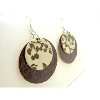 Boucles d'oreille rondes en carton - Marron/Blanc à motifs - Argent 925