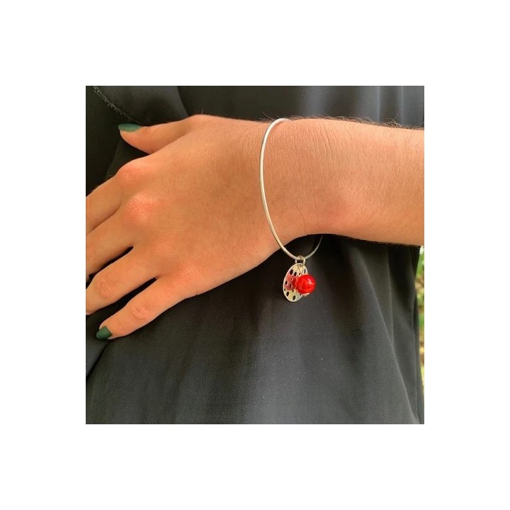 Bracelet jonc argent 925 avec perle de verre de murano rouge et pampille Louana