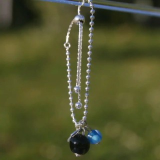 Bracelet reglable en argent 925 avec perles de verre de murano noire et turquoise à pois Laurence