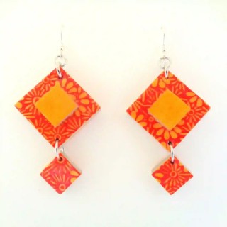 Boucles d'oreille en carton - Classique - Orange fleurs/Jaune ocre/Fleurs - Argent 925