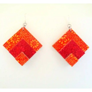 Boucles d'oreille en carton - grand losange - Fleurs orange et rouge - Argent 925