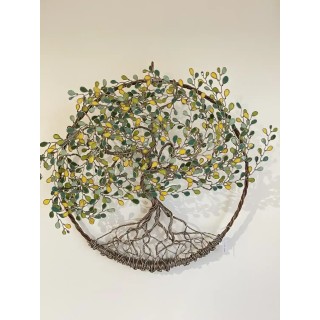 Arbre de Vie mural en relief Ø 30cm - Jaune vert turquoise - Marron