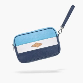Pouch in grained leather light blue/white/navy blue