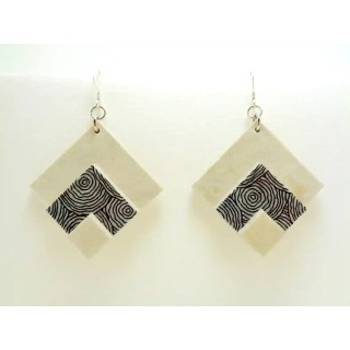 Boucles d'oreille en carton - grand losange - Blanc/Gris cercles - Argent 925