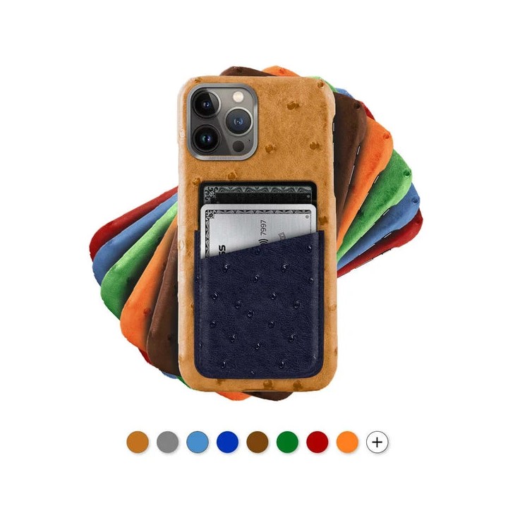 Coque cuir "card case" pour iPhone 13 ( Pro / Max ) - Autruche