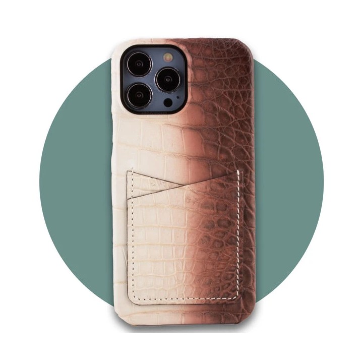 Clearance Sale - Leather iPhone HIMALAYA Double Card case - iPhone 13 Pro Max - Brown Himalaya crocodile