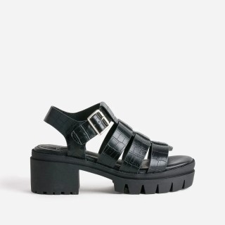 Sandale crantée TEXTO noire à brides embossées effet croco