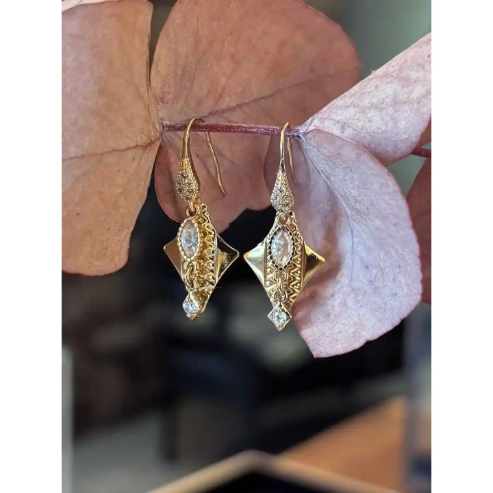 Boucles oreilles crochet strass pendentif losange