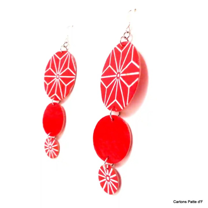 Boucles d'oreille en carton - Longues rondes - Rouge étoilé/Rouge - Argent 925