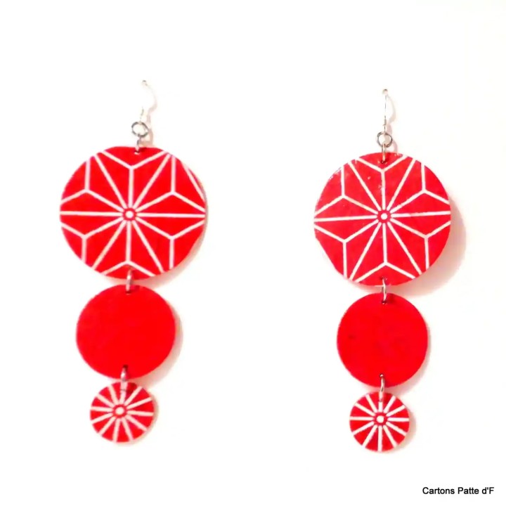 Boucles d'oreille en carton - Longues rondes - Rouge étoilé/Rouge - Argent 925